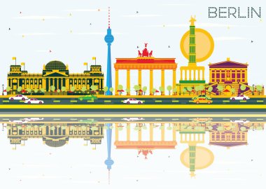 Berlin siluetinin renk binalar, mavi gökyüzü ve yansımaları ile.