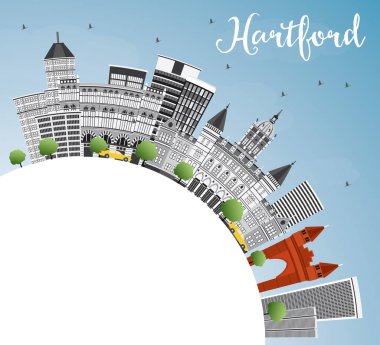 Hartford manzarası gri binalar, mavi gökyüzü ve kopya alanı.