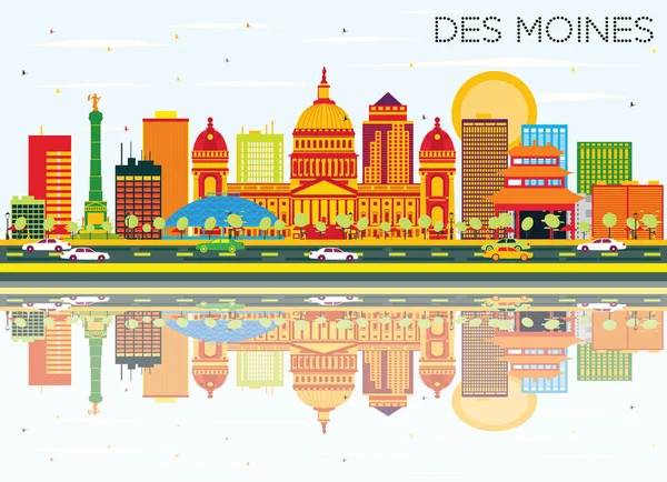 Des Moines Skyline met kleur gebouwen, blauwe hemel en reflectie — Stockvector