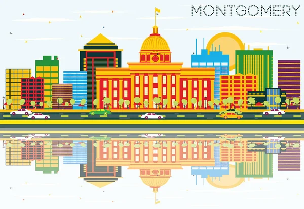Montgomery Skyline con edificios de color, cielo azul y reflexión — Vector de stock