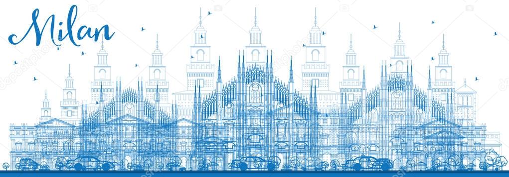 Outline Milan Skyline with Blue Landmarks.