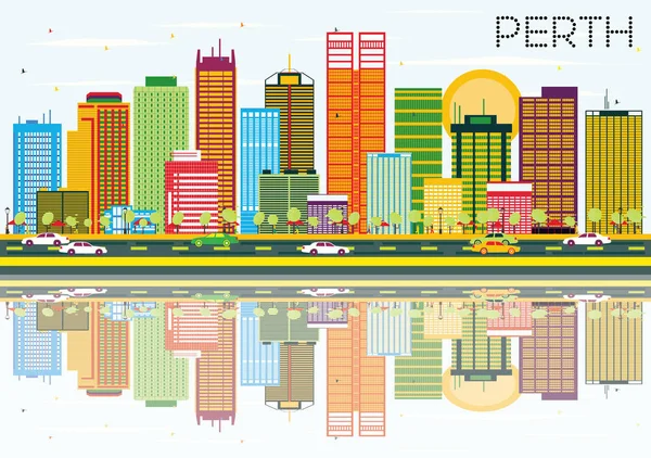 Perth manzarası renkli binalar, mavi gökyüzü ve yansımaları ile. — Stok Vektör