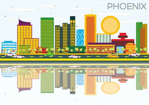 Phoenix Skyline with Color Buildings, Blue Sky and Reflection. — Stock Vector