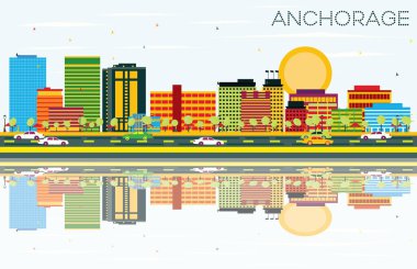 Anchorage manzarası renkli binalar, mavi gökyüzü ve yansımaları ile
