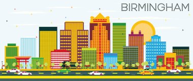 Birmingham manzarası renkli binalar ve mavi gökyüzü ile.