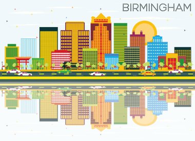 Birmingham manzarası renkli binalar, mavi gökyüzü ve yansıma ile