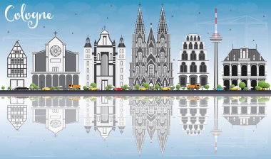 Köln manzarası ile gri binalar, mavi gökyüzü ve yansımaları.