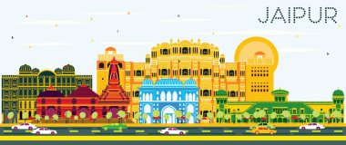 Jaipur manzarası renkli binalar ve mavi gökyüzü ile.