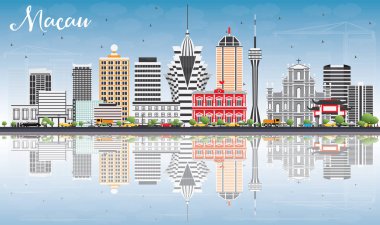 Macau manzarası ile gri binalar, mavi gökyüzü ve yansımaları.