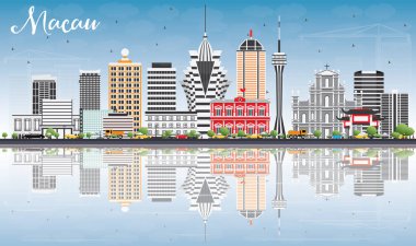 Macau Skyline with Gray Buildings, Blue Sky and Reflections. clipart