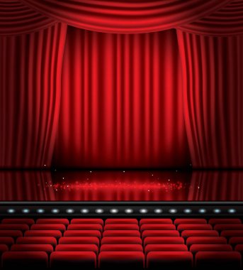 Open Red Curtains with Seats and Copy Space. clipart