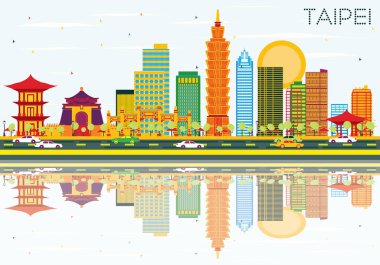 Taipei manzarası renkli binalar, mavi gökyüzü ve yansımaları ile.