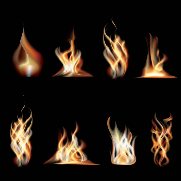 Realistiska brinnande eldslågor inställd. — Stock vektor
