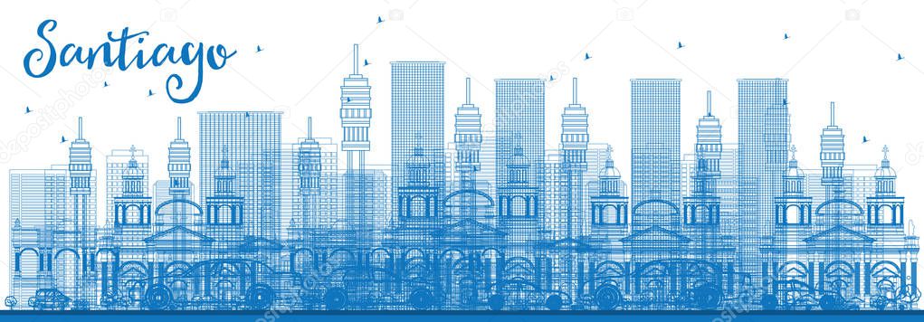 Outline Santiago Chile Skyline with Blue Buildings.