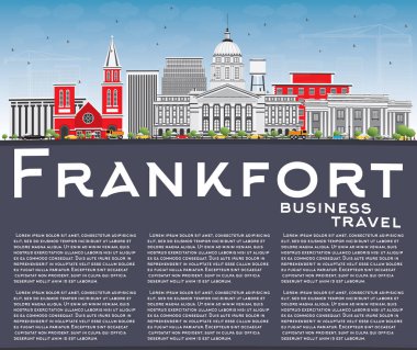 Frankfort manzarası gri binalar, mavi gökyüzü ve kopya alanı.