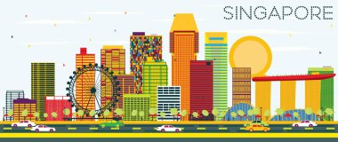 Singapur manzarası renkli binalar ve mavi gökyüzü ile.