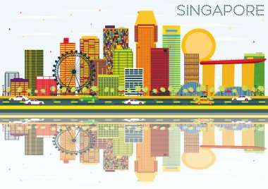 Singapur manzarası renkli binalar, mavi gökyüzü ve yansımaları ile