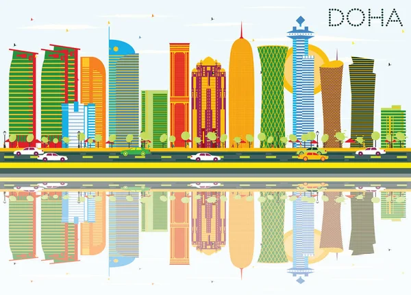 Doha városára színes épületek, a kék ég és a gondolatok. — Stock Vector