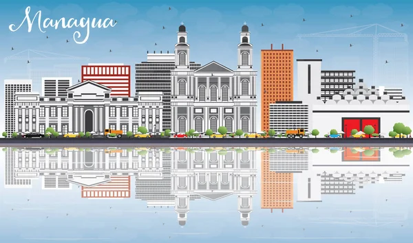 Managua Skyline con edificios grises, cielo azul y reflexiones . — Vector de stock