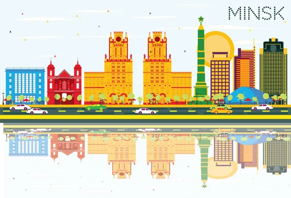 Minsk Skyline with Color Buildings, Blue Sky and Reflections. — Stock Vector