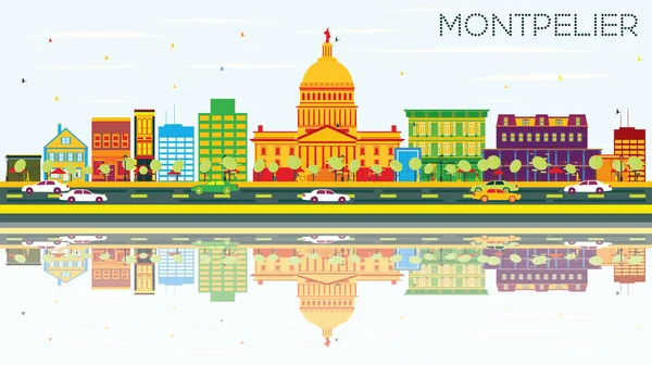 Montpelier Skyline con edificios de color, cielo azul y reflexión — Vector de stock