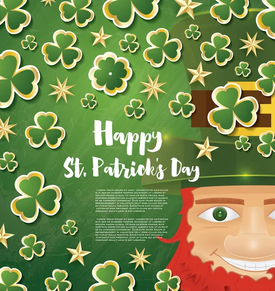 Antecedentes del día de San Patricio con hojas de trébol y duende — Vector de stock