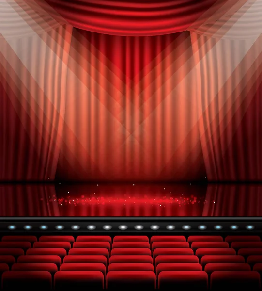 Rideaux rouges ouverts avec des sièges et l'espace de copie . — Image vectorielle