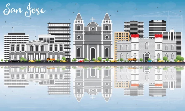 Skyline de San José con Edificios Gris, Cielo Azul y Reflexiones . — Vector de stock