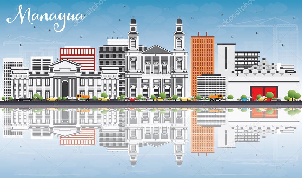 Managua Skyline with Gray Buildings, Blue Sky and Reflections.