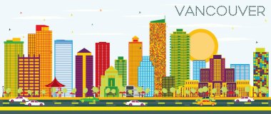 Vancouver manzarası renkli binalar ve mavi gökyüzü ile.