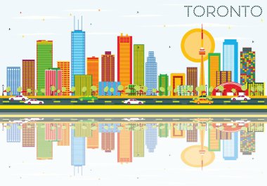 Toronto manzarası renkli binalar, mavi gökyüzü ve yansımaları ile.