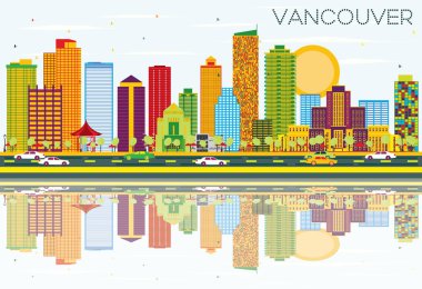 Vancouver manzarası renkli binalar, mavi gökyüzü ve yansımaları ile