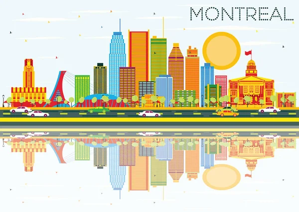 Skyline Montreal z kolor budynków, Błękitne niebo i refleksje. — Wektor stockowy