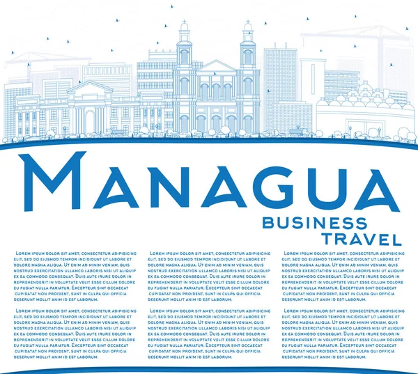 Esquema de Managua Skyline con Edificios Azules y Espacio para Copiar . — Vector de stock