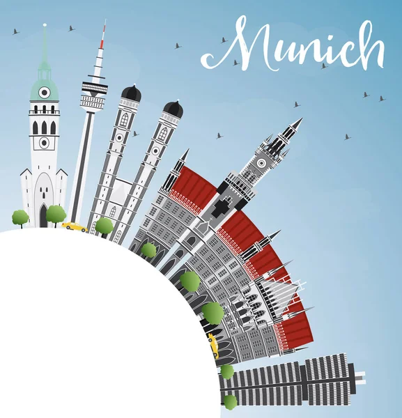 Skyline de Munique com Edifícios Cinzentos, Céu Azul e Espaço Copiar . — Vetor de Stock
