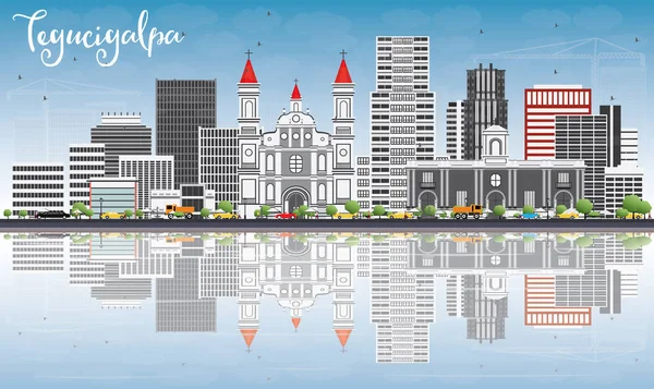 Tegucigalpa Skyline com Edifícios Cinzentos, Céu Azul e Reflexão —  Vetores de Stock