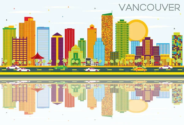 Skyline di Vancouver con edifici a colori, cielo blu e riflessioni — Vettoriale Stock