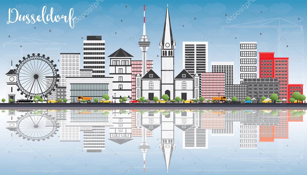 Dusseldorf Skyline with Gray Buildings, Blue Sky and Reflections