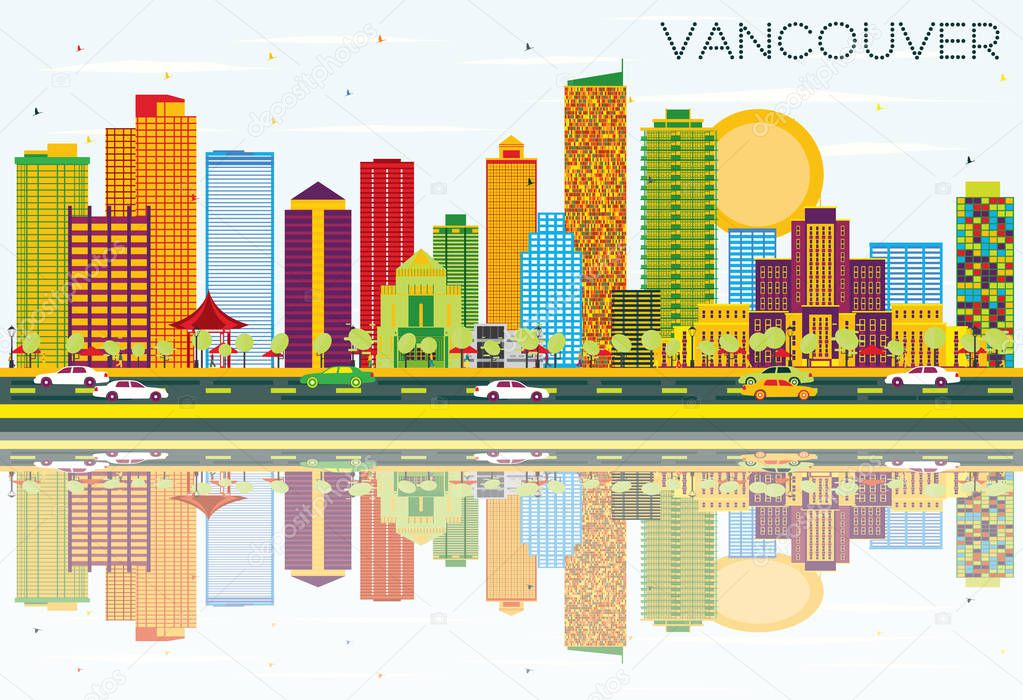 Vancouver Skyline with Color Buildings, Blue Sky and Reflections