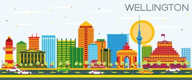 Wellington manzarası renkli binalar ve mavi gökyüzü ile.
