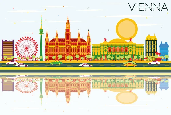 Vienna Skyline med färg byggnader, blå himmel och reflektioner. — Stock vektor