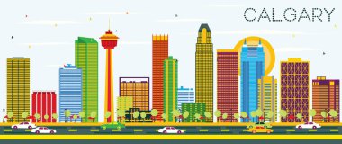 Calgary manzarası renkli binalar ve mavi gökyüzü ile.