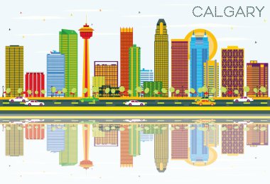 Calgary manzarası renkli binalar, mavi gökyüzü ve yansımaları ile.