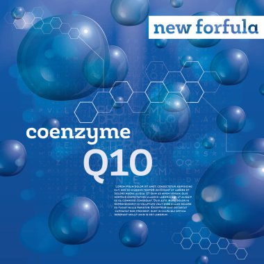 Koenzim Q10. Mavi arka plan şeffaf kabarcıklar. 