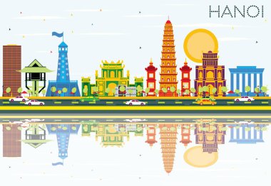 Hanoi manzarası renkli binalar, mavi gökyüzü ve yansımaları ile.