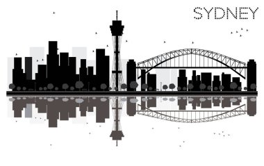 Sydney şehir manzarası siyah beyaz siluet yansımaları ile.