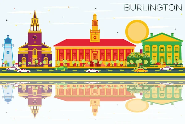 Burlington Skyline met kleur gebouwen, blauwe hemel en reflectie — Stockvector