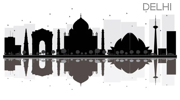 Delhi stad skyline zwart-wit silhouet met reflecties. — Stockvector