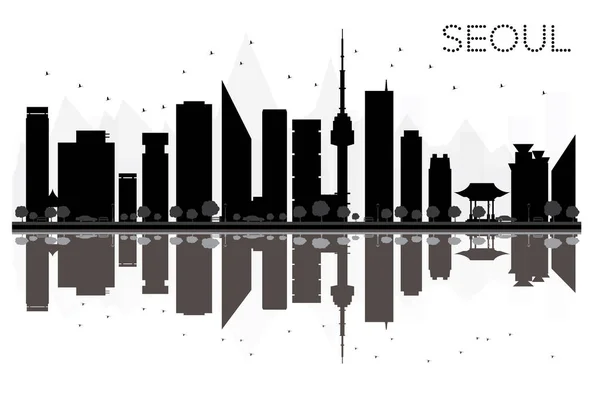 Seoul City skyline svartvit siluett med reflektioner. — Stock vektor