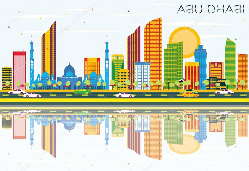 Abu Dhabi Skyline with Color Buildings, Blue Sky and Reflections